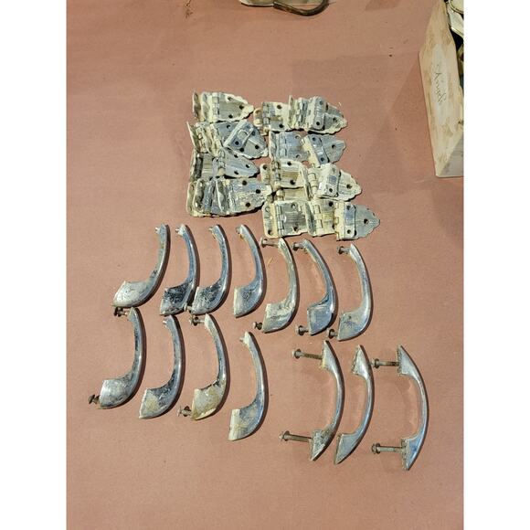 Vintage 40s Door Handles & Hinges, Silver Colored, Mid Century Modern Salvage - Picture 1 of 6